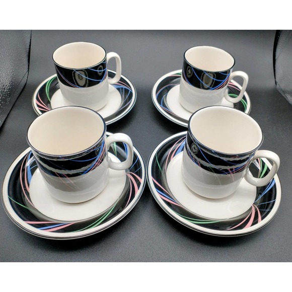 Vintage 80s Joan Luntz Sango Escapade Cup and Saucer set of 4 black pink blue - Picture 5 of 7